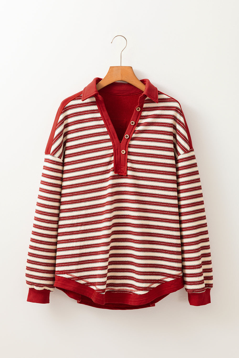 Red Stripe Buttoned V Neck Collared Drop Shoulder Long Sleeve Top