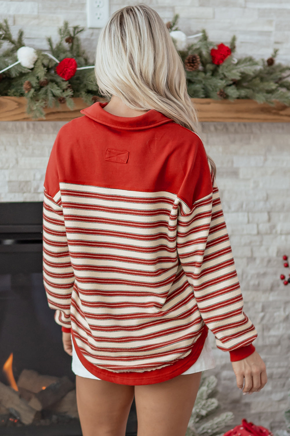 Red Stripe Buttoned V Neck Collared Drop Shoulder Long Sleeve Top