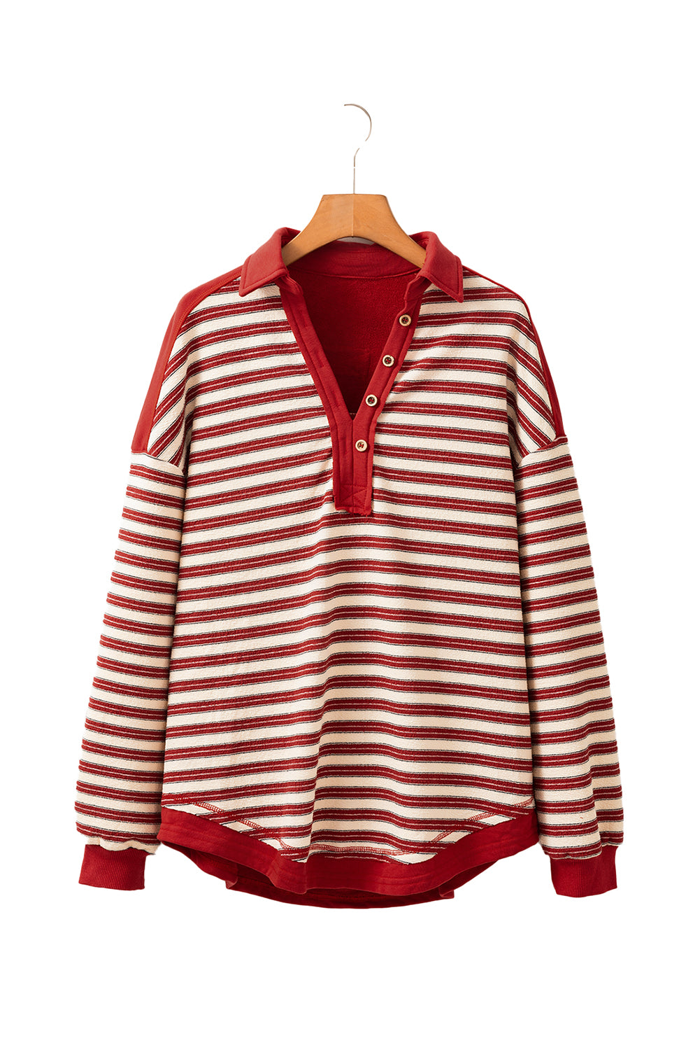 Red Stripe Buttoned V Neck Collared Drop Shoulder Long Sleeve Top