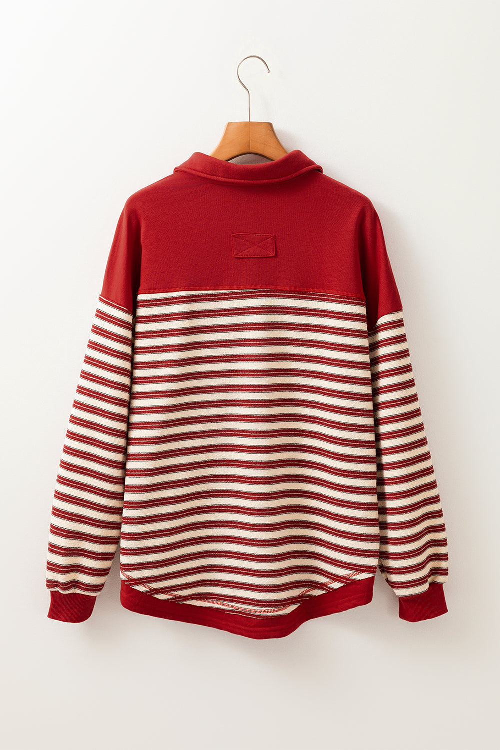 Red Stripe Buttoned V Neck Collared Drop Shoulder Long Sleeve Top