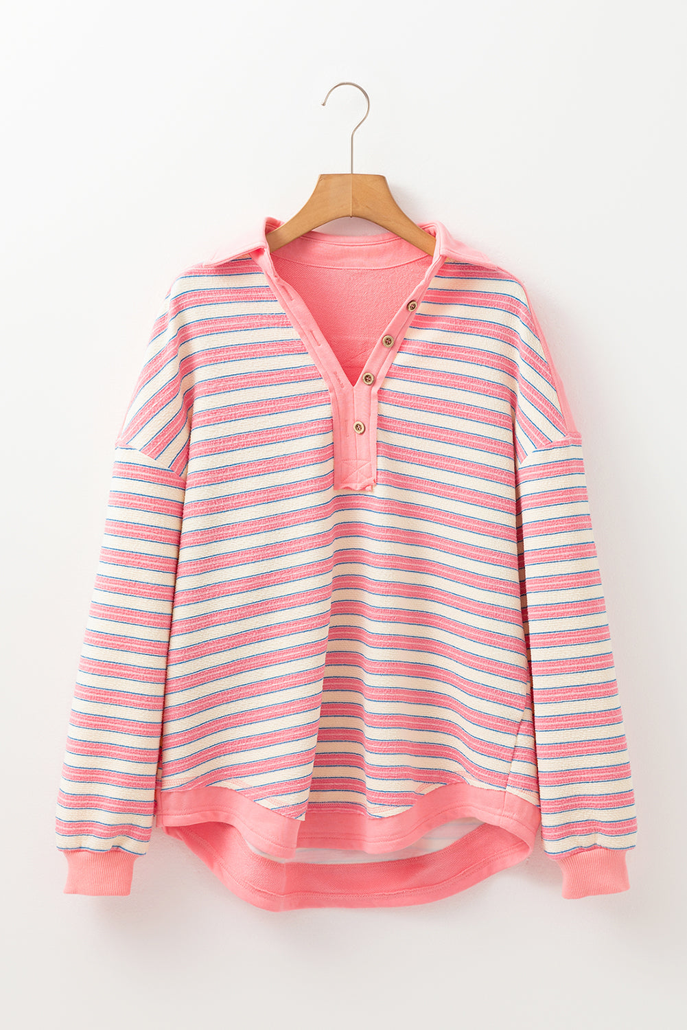Red Stripe Buttoned V Neck Collared Drop Shoulder Long Sleeve Top