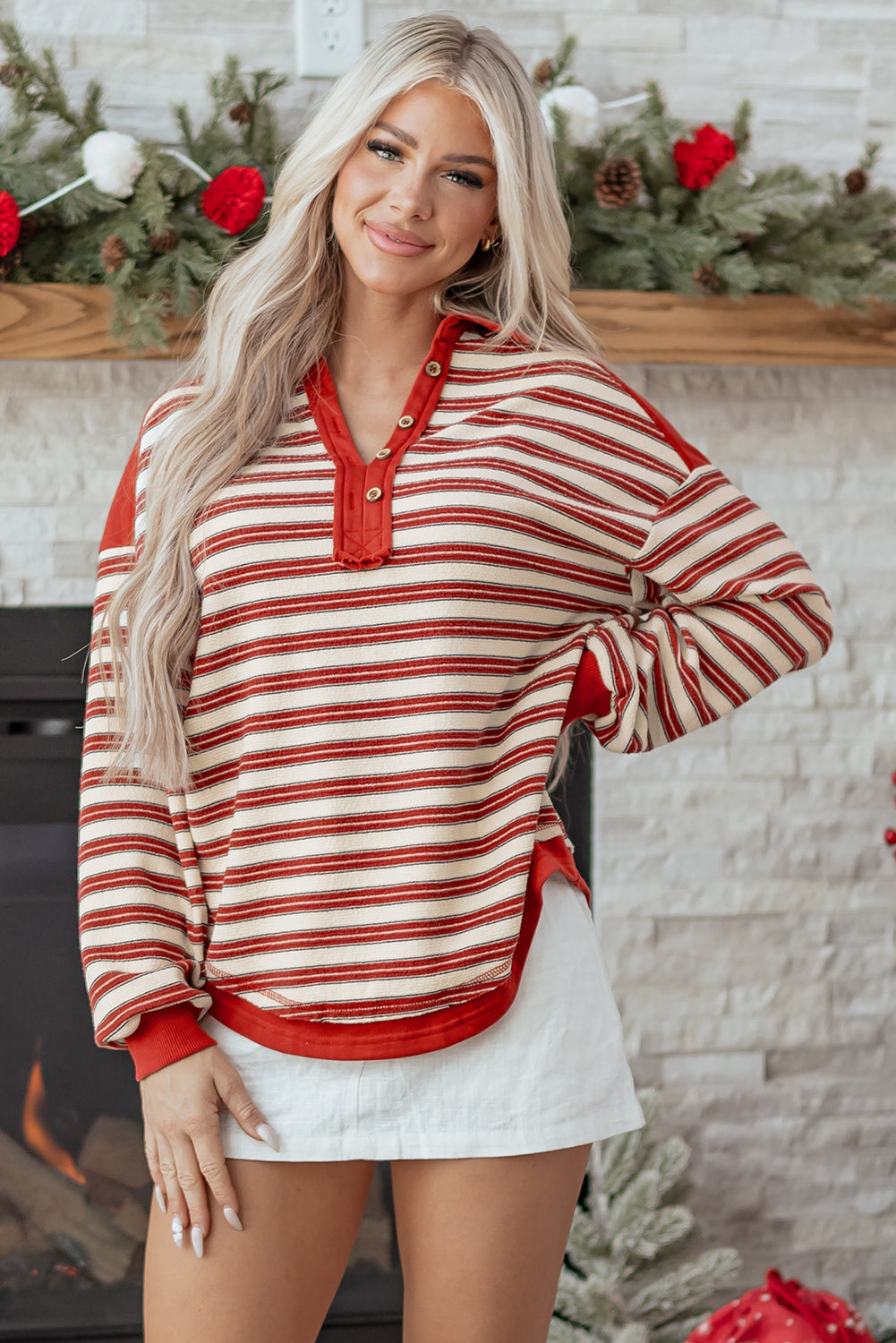 Red Stripe Buttoned V Neck Collared Drop Shoulder Long Sleeve Top