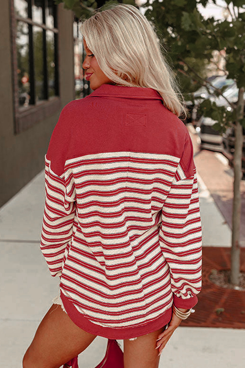 Red Stripe Buttoned V Neck Collared Drop Shoulder Long Sleeve Top