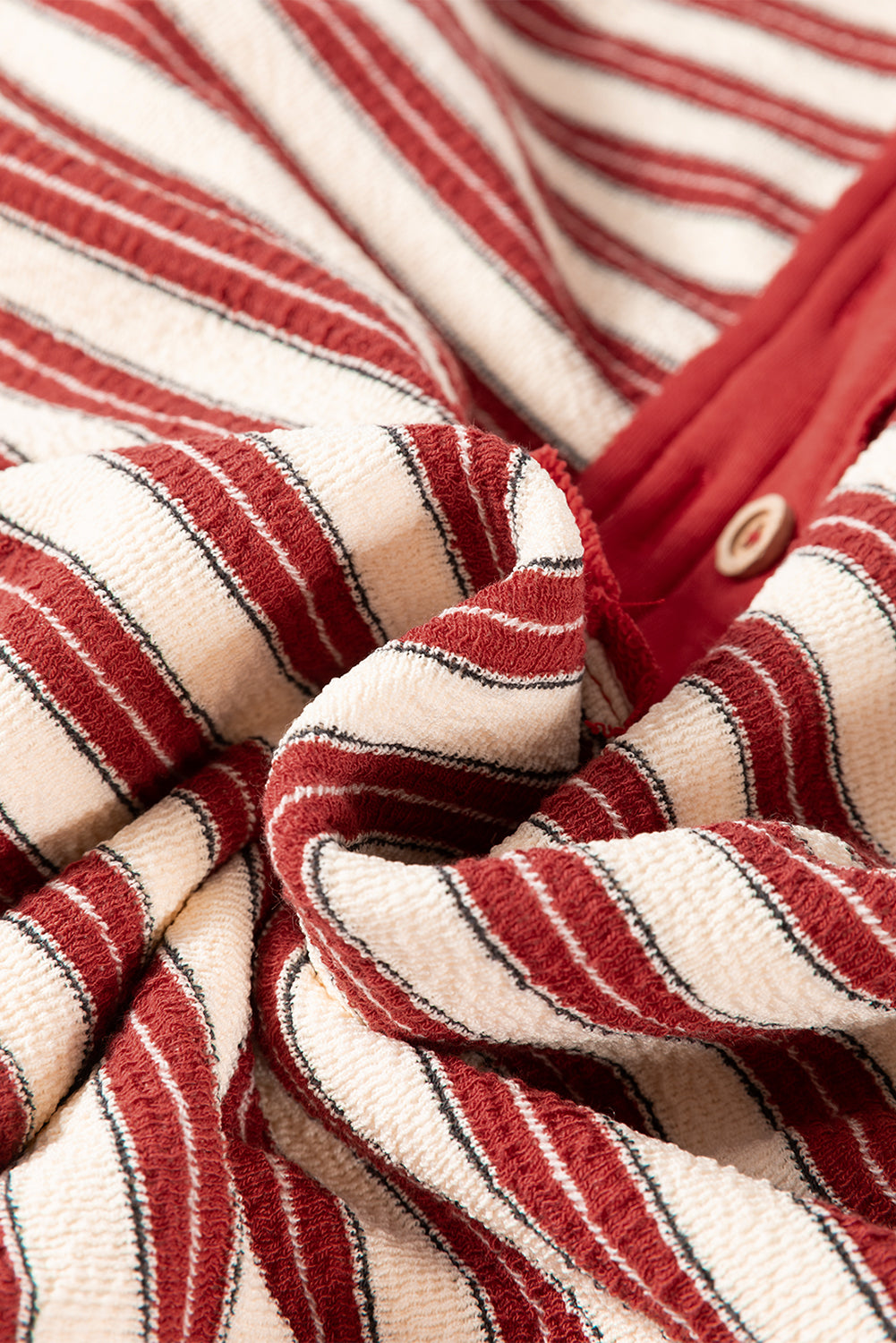 Red Stripe Buttoned V Neck Collared Drop Shoulder Long Sleeve Top