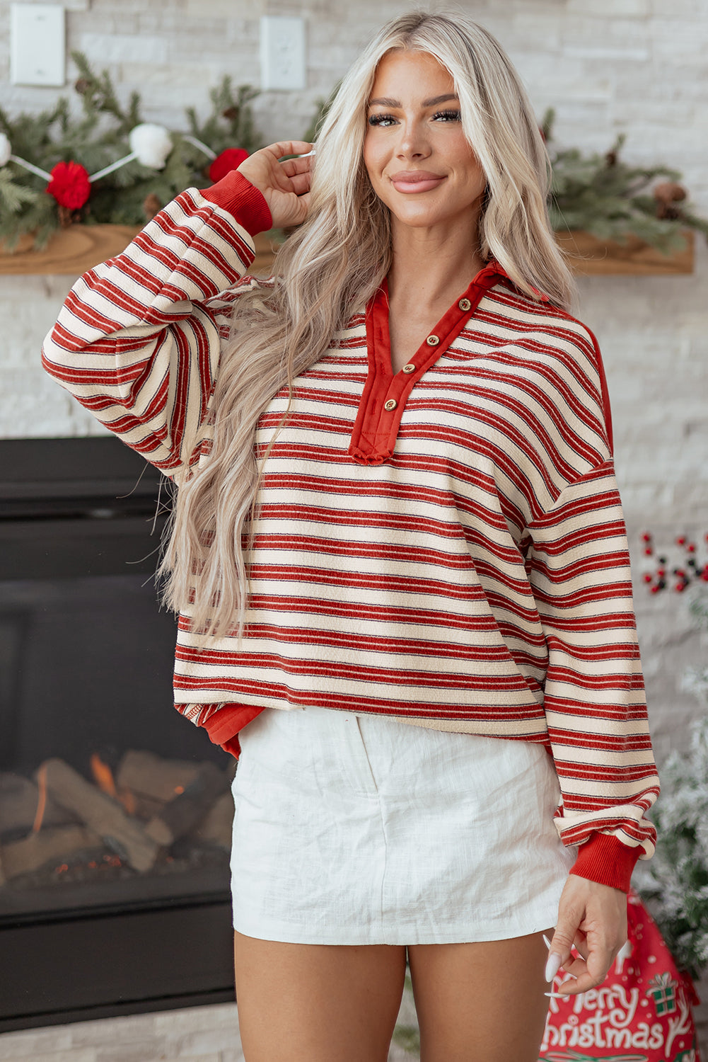 Red Stripe Buttoned V Neck Collared Drop Shoulder Long Sleeve Top