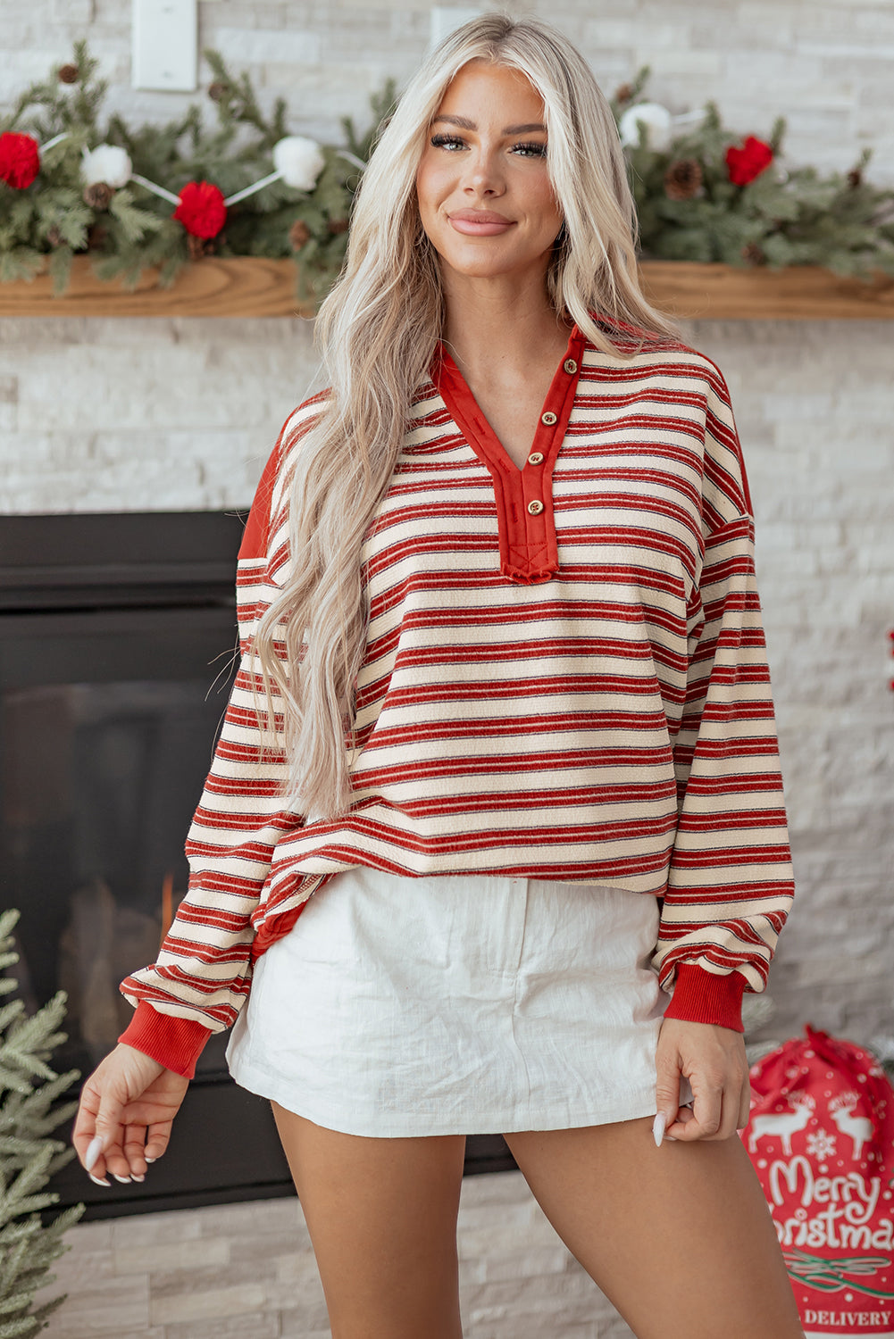 Red Stripe Buttoned V Neck Collared Drop Shoulder Long Sleeve Top