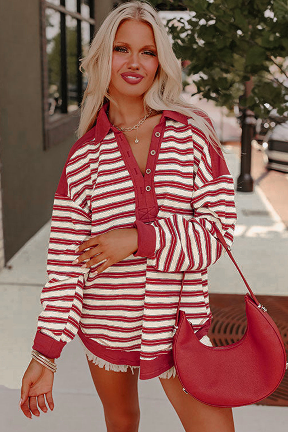 Red Stripe Buttoned V Neck Collared Drop Shoulder Long Sleeve Top