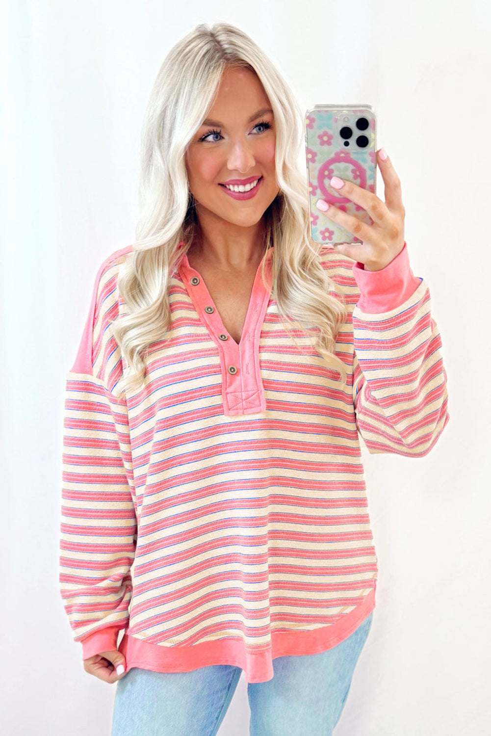 Red Stripe Buttoned V Neck Collared Drop Shoulder Long Sleeve Top