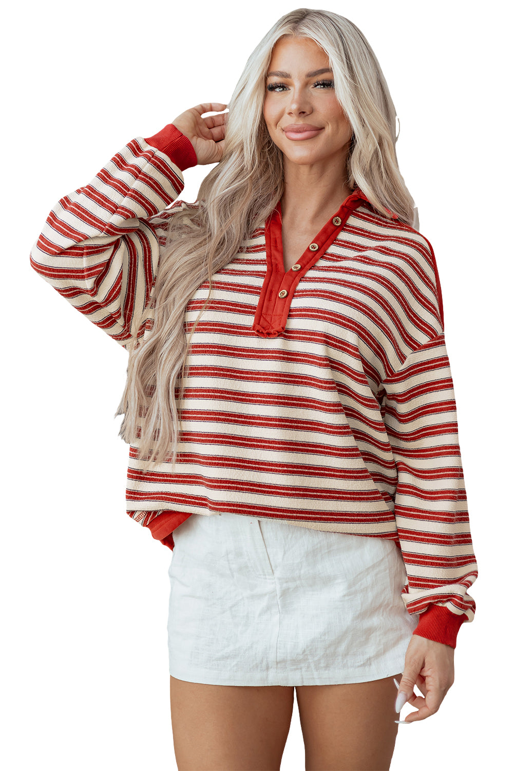 Red Stripe Buttoned V Neck Collared Drop Shoulder Long Sleeve Top