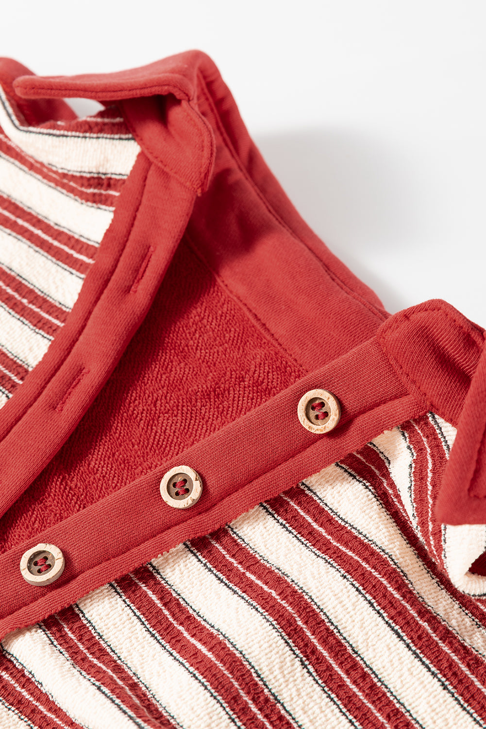 Red Stripe Buttoned V Neck Collared Drop Shoulder Long Sleeve Top