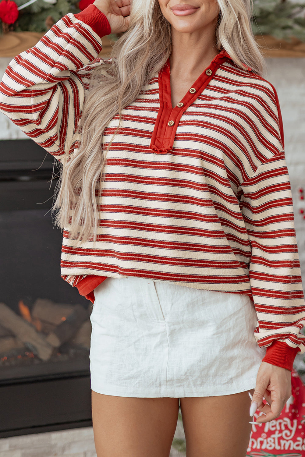 Red Stripe Buttoned V Neck Collared Drop Shoulder Long Sleeve Top