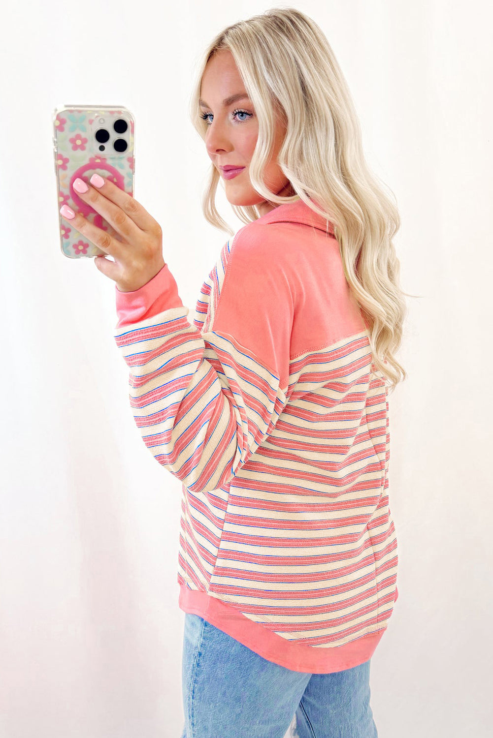 Red Stripe Buttoned V Neck Collared Drop Shoulder Long Sleeve Top