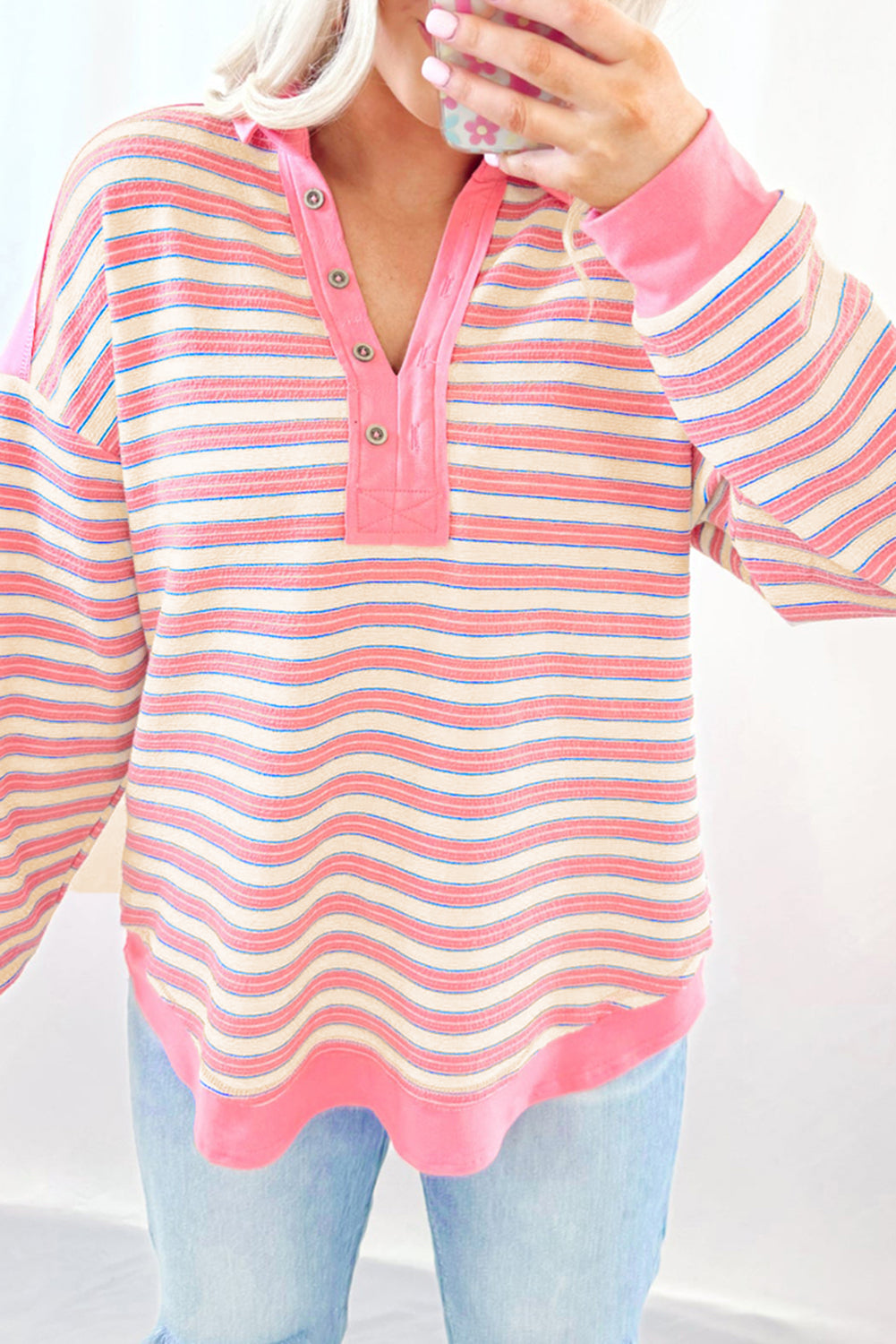 Red Stripe Buttoned V Neck Collared Drop Shoulder Long Sleeve Top