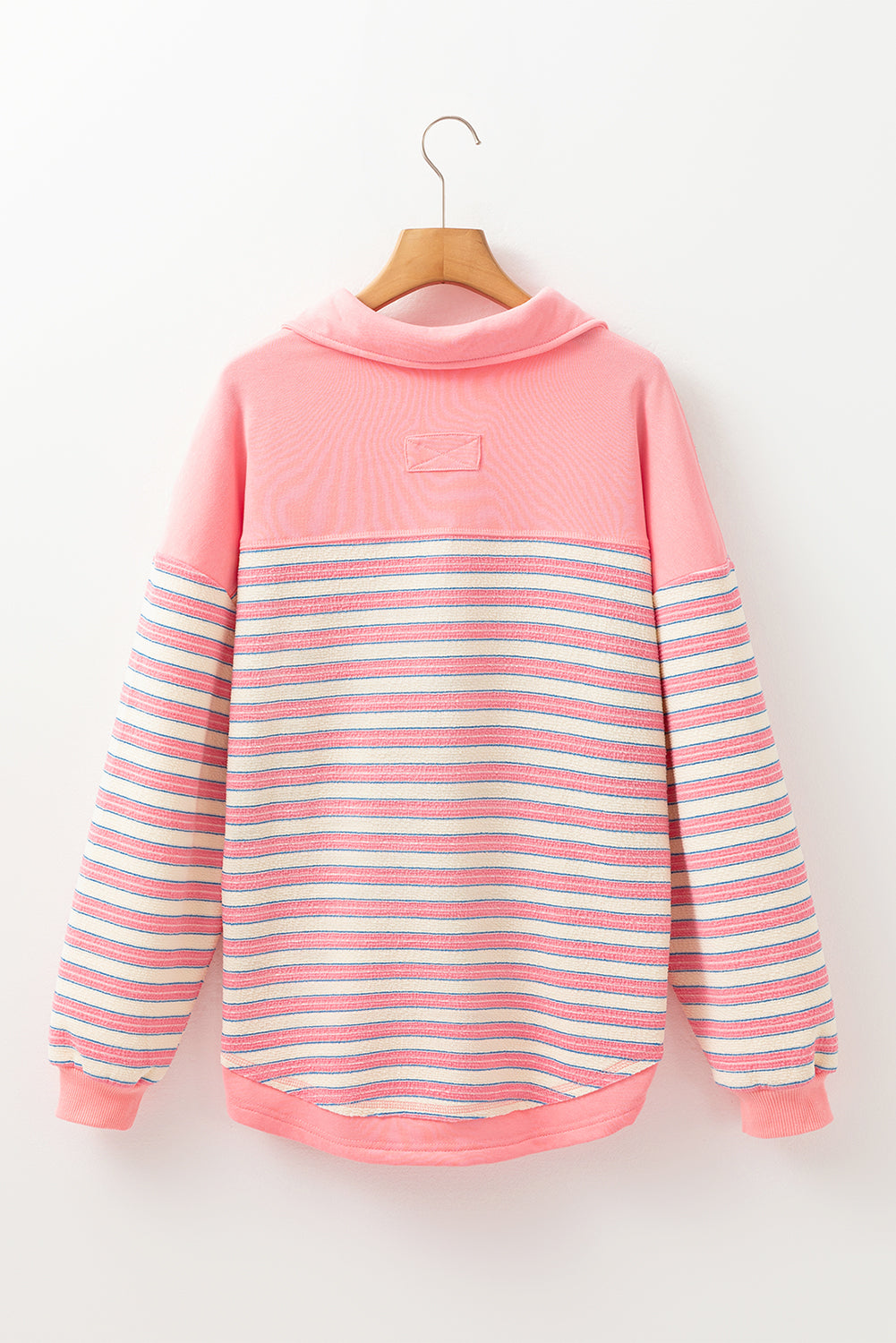 Red Stripe Buttoned V Neck Collared Drop Shoulder Long Sleeve Top